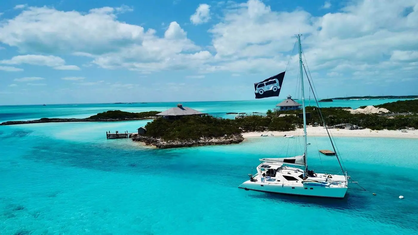 Exuma catamaran charter: Magic Bus at anchor in the Bahamas