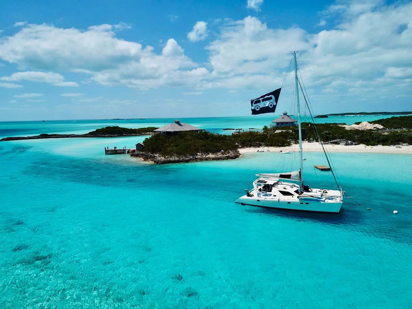 Aerial view of the mooring field at Warderick Wells in the Exuma Land and Sea Park