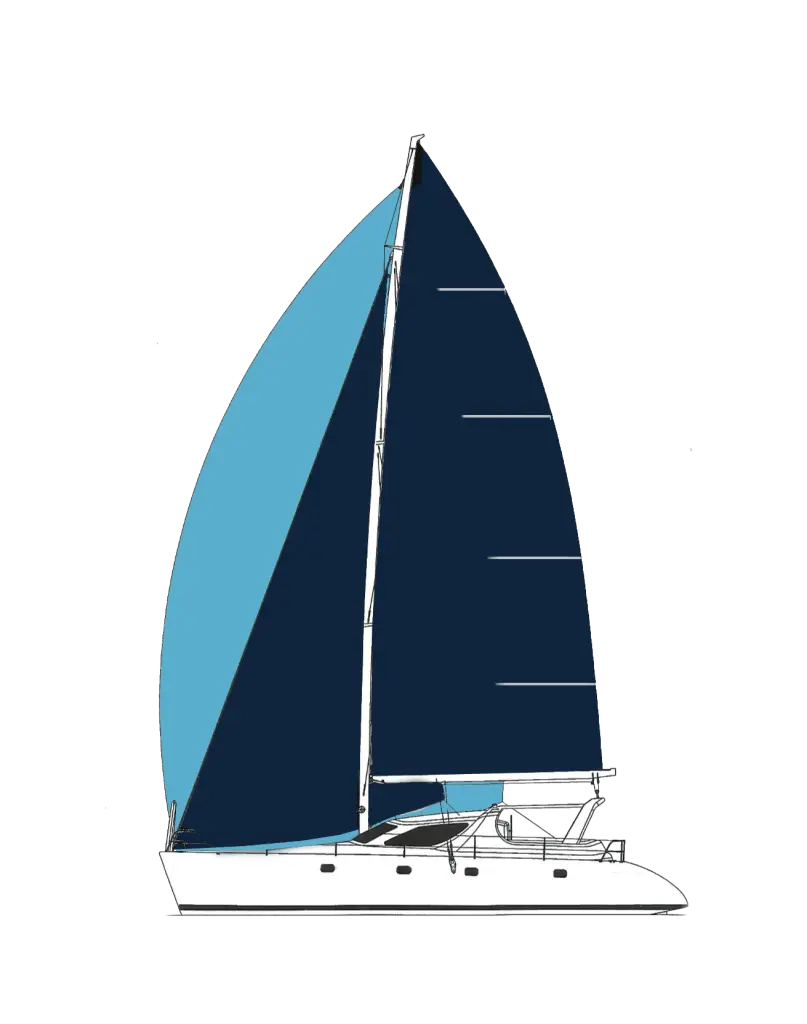 Line drawing of the Magic Bus catamaran under sail
