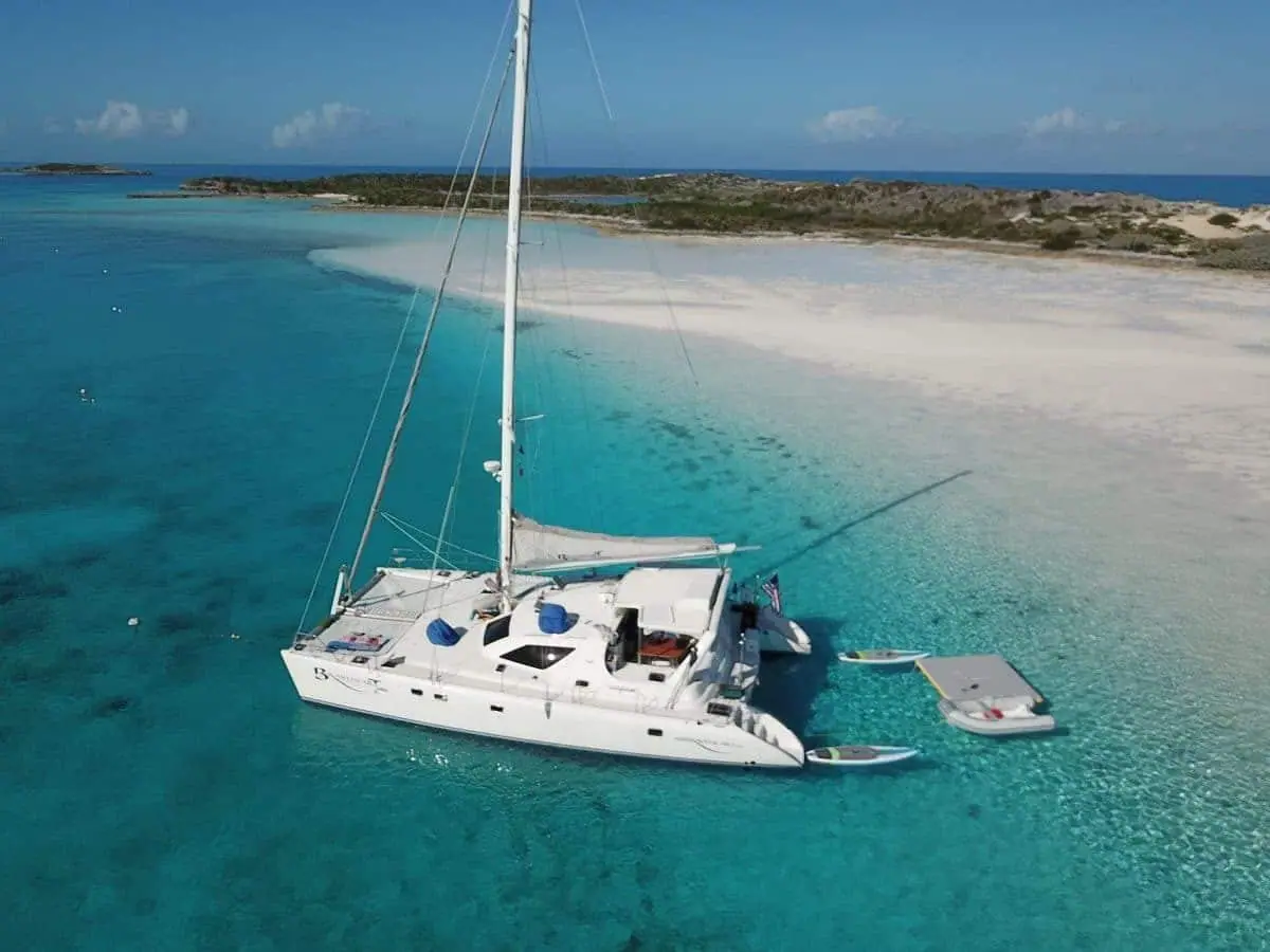 Aerial view of the catamaran under way in the Exumas