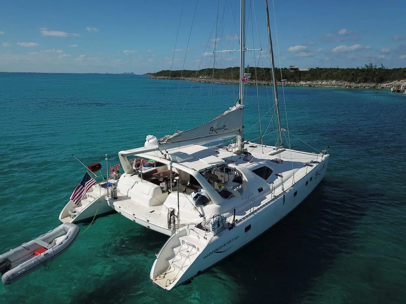 Aerial view of the Magic Bus with its dinghy alongside
