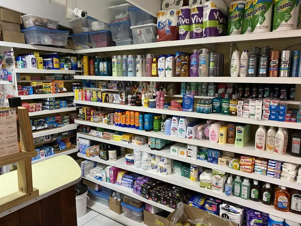 Shelves of canned and packaged goods inside the Staniel Cay store.