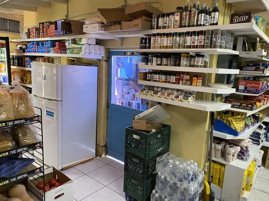 Dry goods and snacks stocked on shelves at the Staniel Cay store.