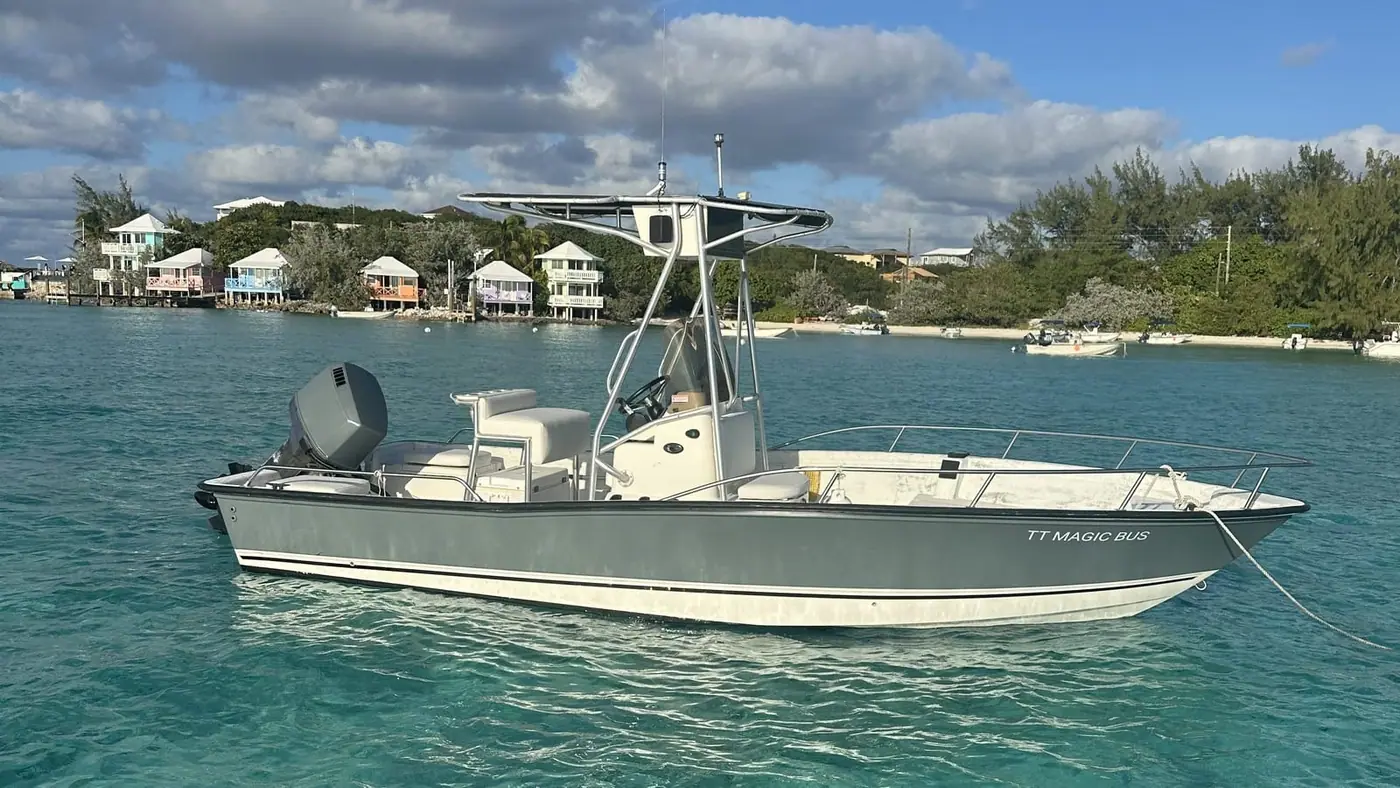 The Magic Bus catamaran at anchor in the clear water off Staniel Cay