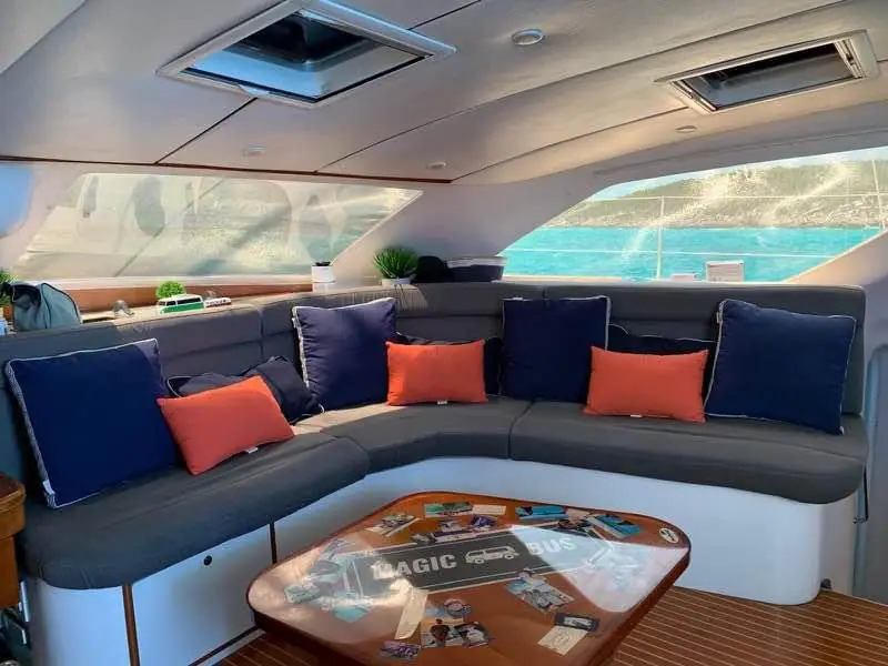 Luxury catamaran rental Bahamas: Interior salon of Magic Bus